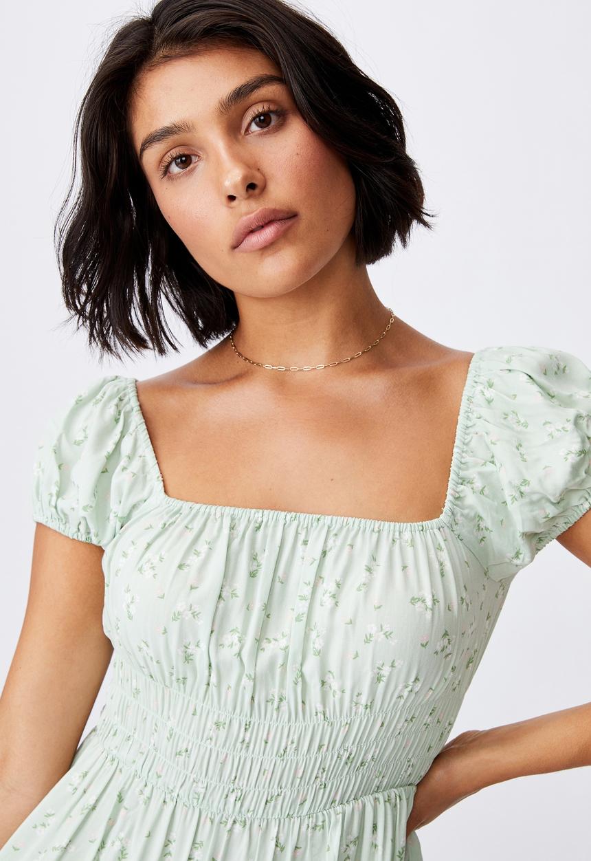 Cotton On - Woven frankie puff sleeve shirred fit and flare mi - riddle ditsy spring mint