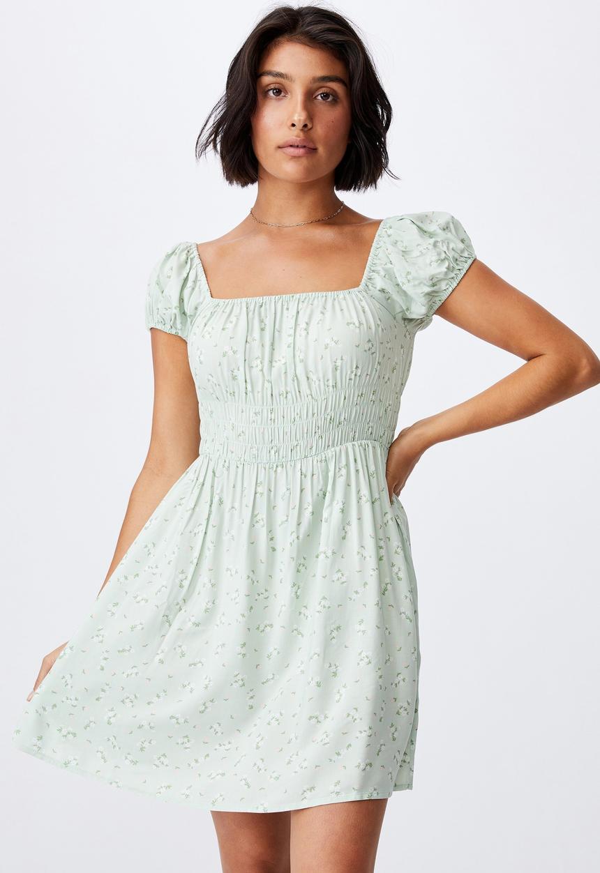 Cotton On - Woven frankie puff sleeve shirred fit and flare mi - riddle ditsy spring mint