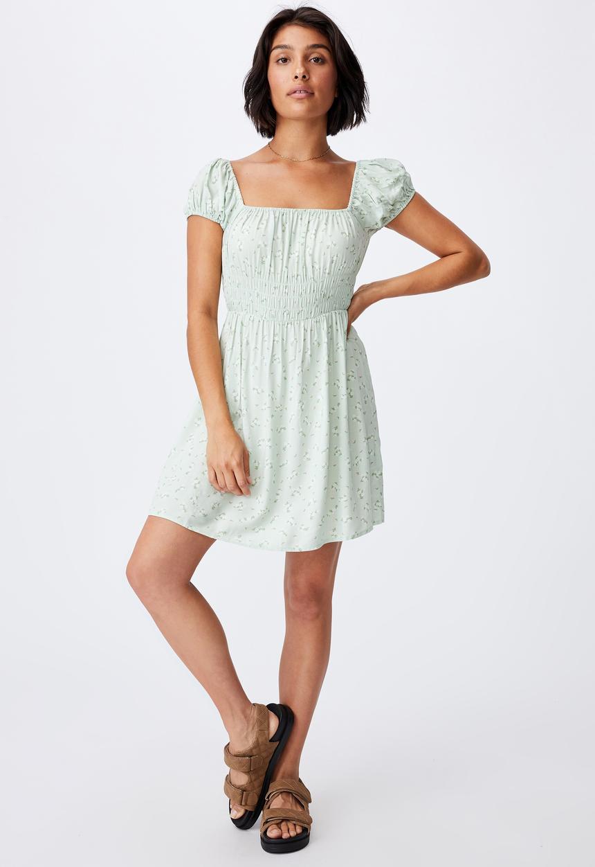Cotton On - Woven frankie puff sleeve shirred fit and flare mi - riddle ditsy spring mint