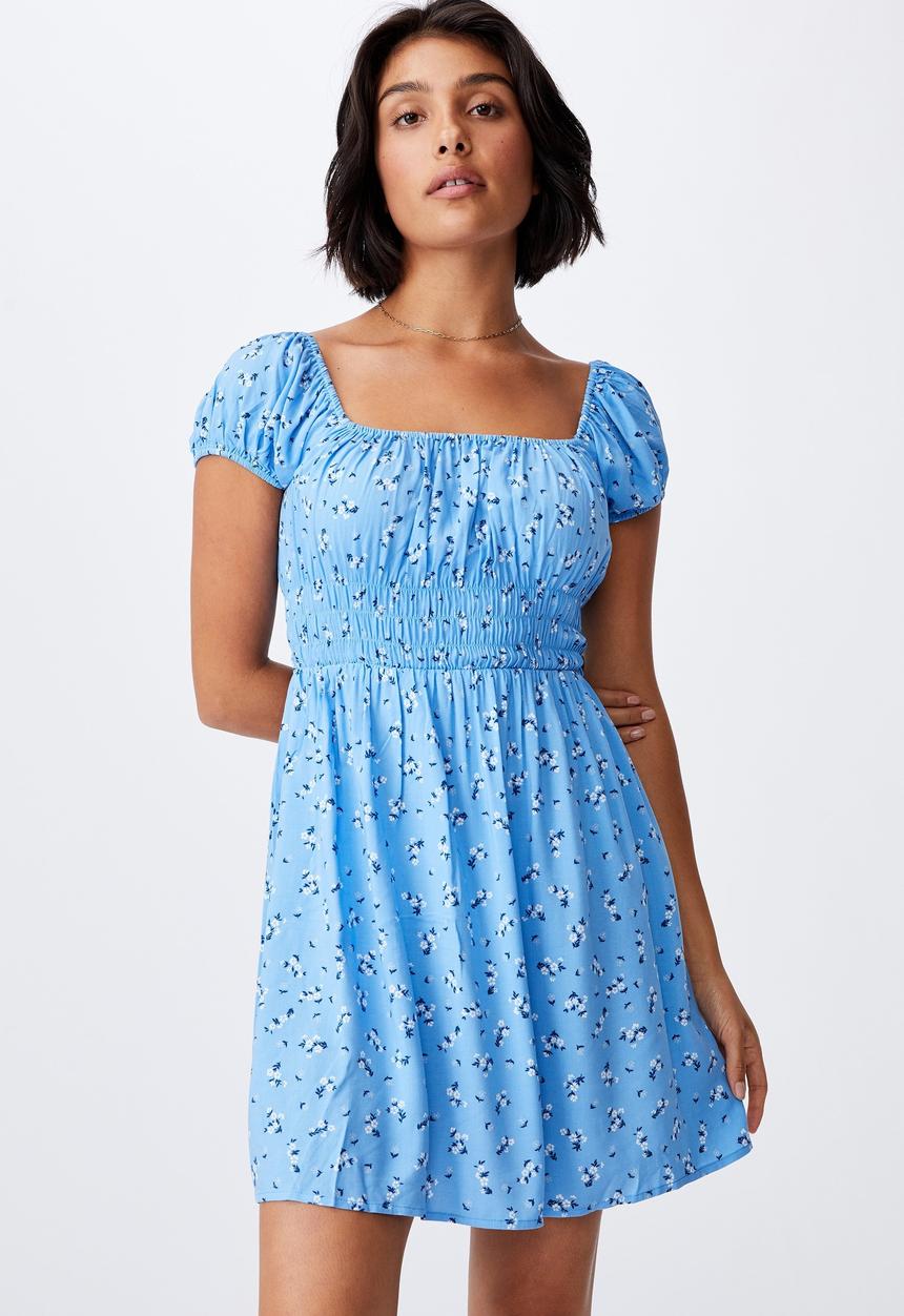 Cotton On - Woven frankie puff sleeve shirred fit and flare mi - riddle ditsy collegiate blue