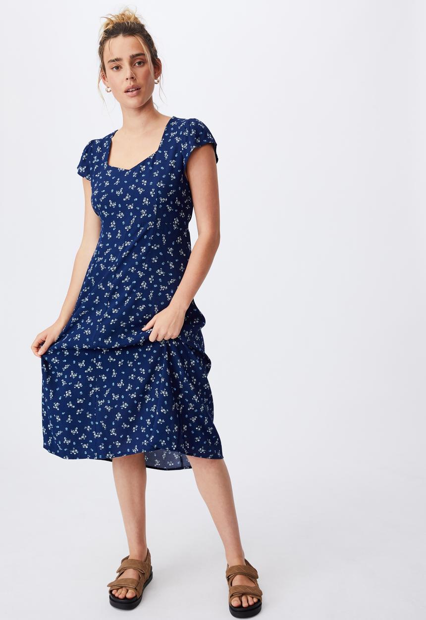 Cotton On - Woven cleo tie back midi dress - riddle ditsy medieval blue