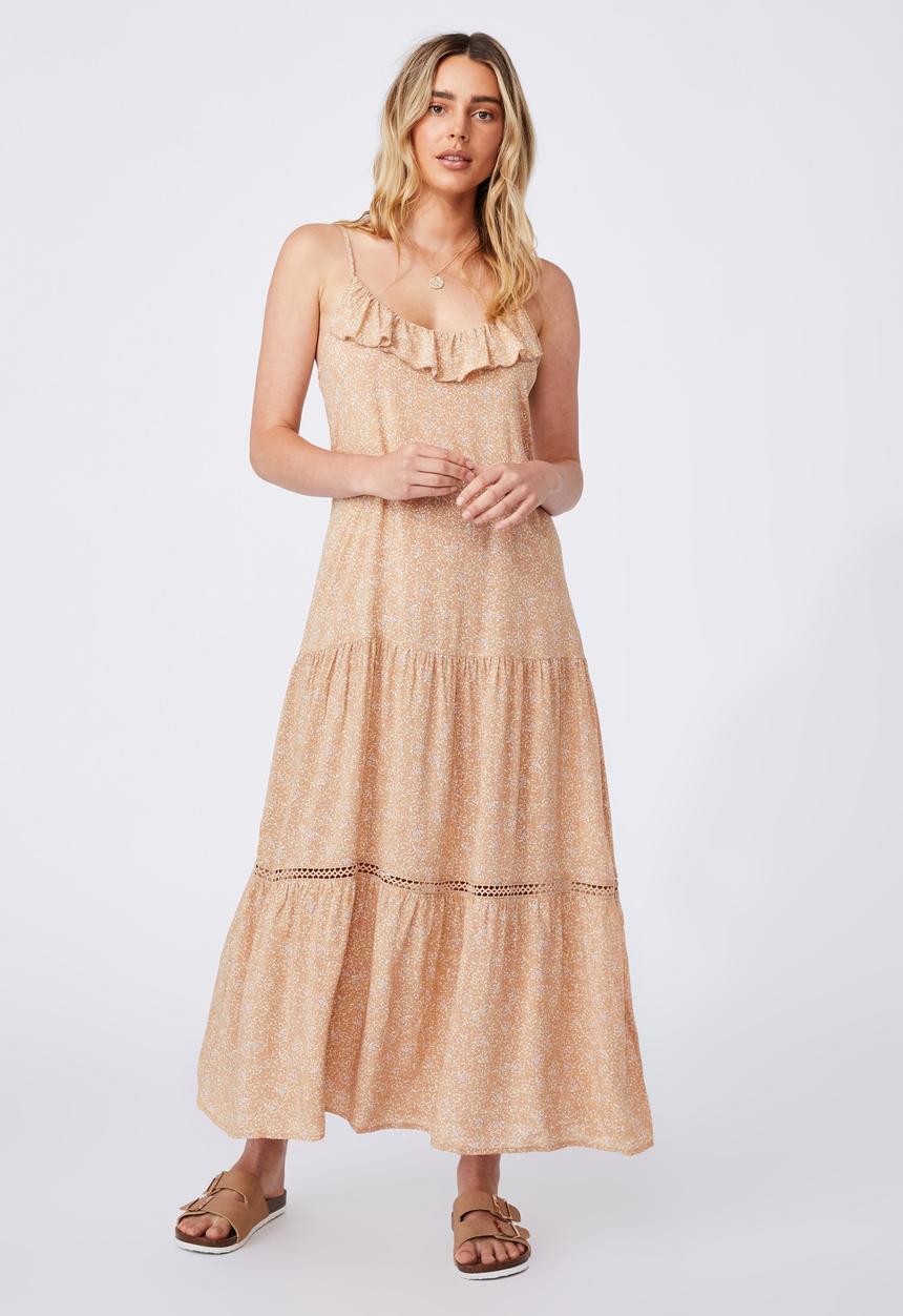 Cotton On - Woven becky strappy ruffle maxi dress - ashlee ditsy caramel brown