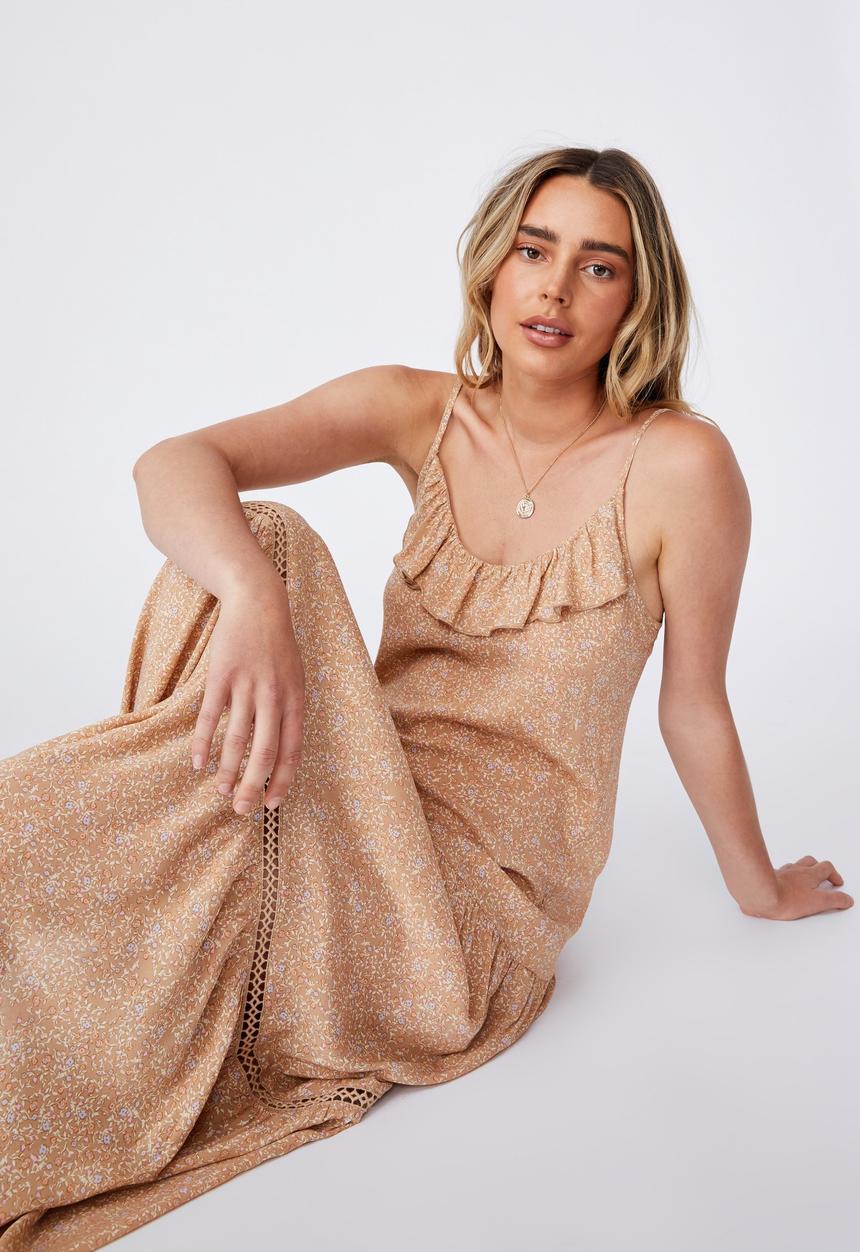 Cotton On - Woven becky strappy ruffle maxi dress - ashlee ditsy caramel brown