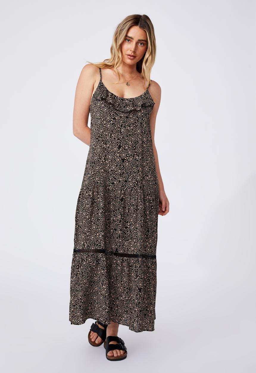 Cotton On - Woven becky strappy ruffle maxi dress - ashlee ditsy black
