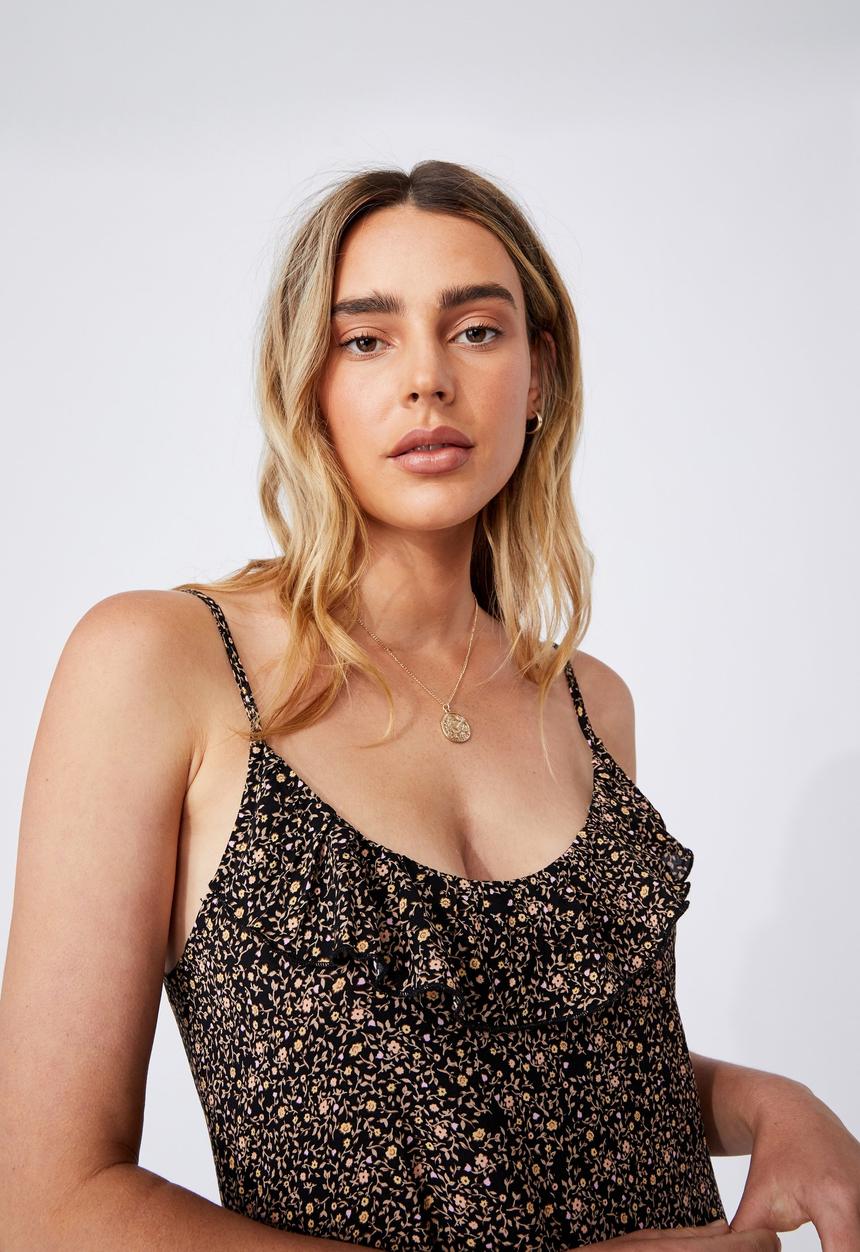 Cotton On - Woven becky strappy ruffle maxi dress - ashlee ditsy black