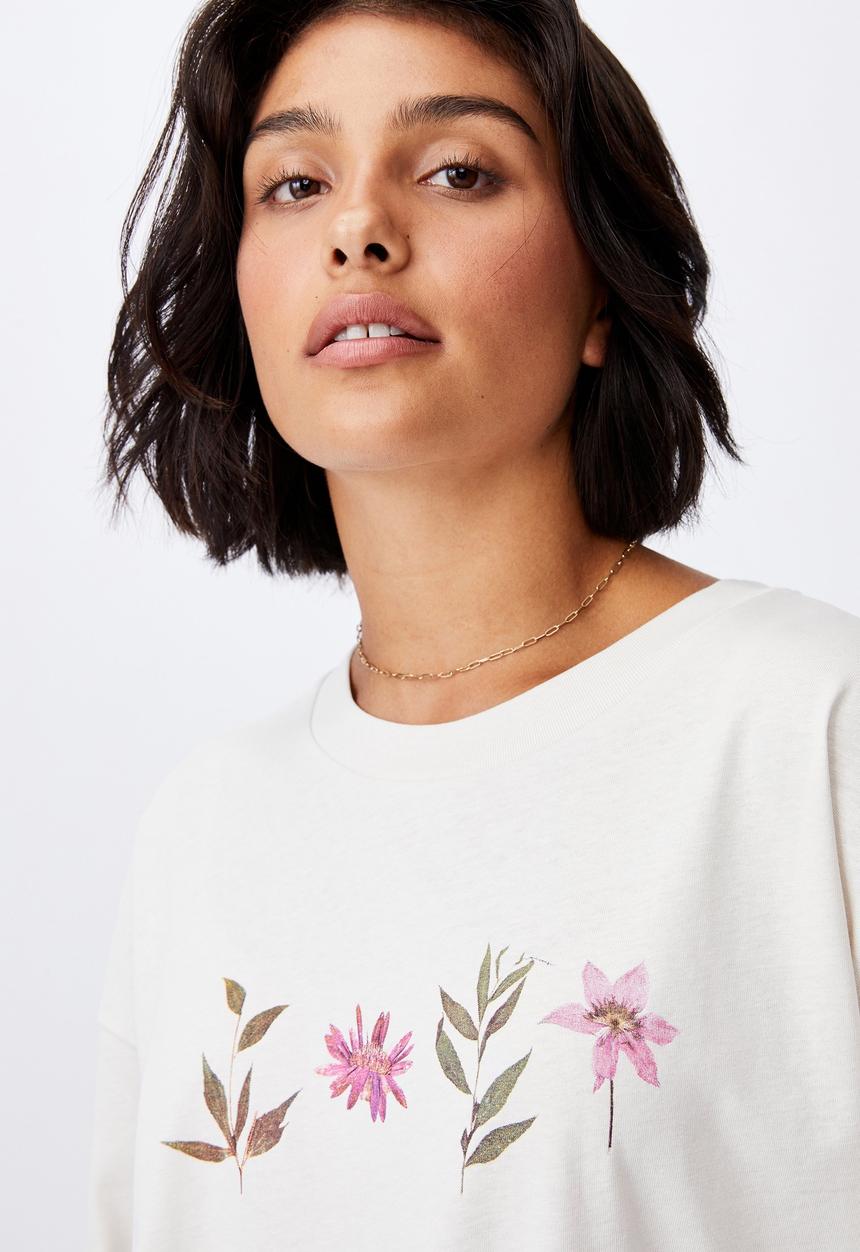 Cotton On - Oversized graphic T-shirt dress - leaves and flowers /white sand