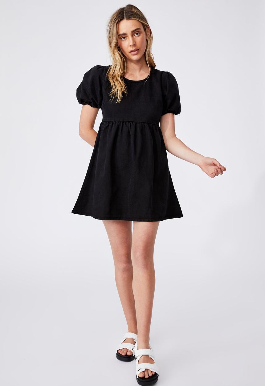 Cotton On - Denim open back babydoll mini dress - black