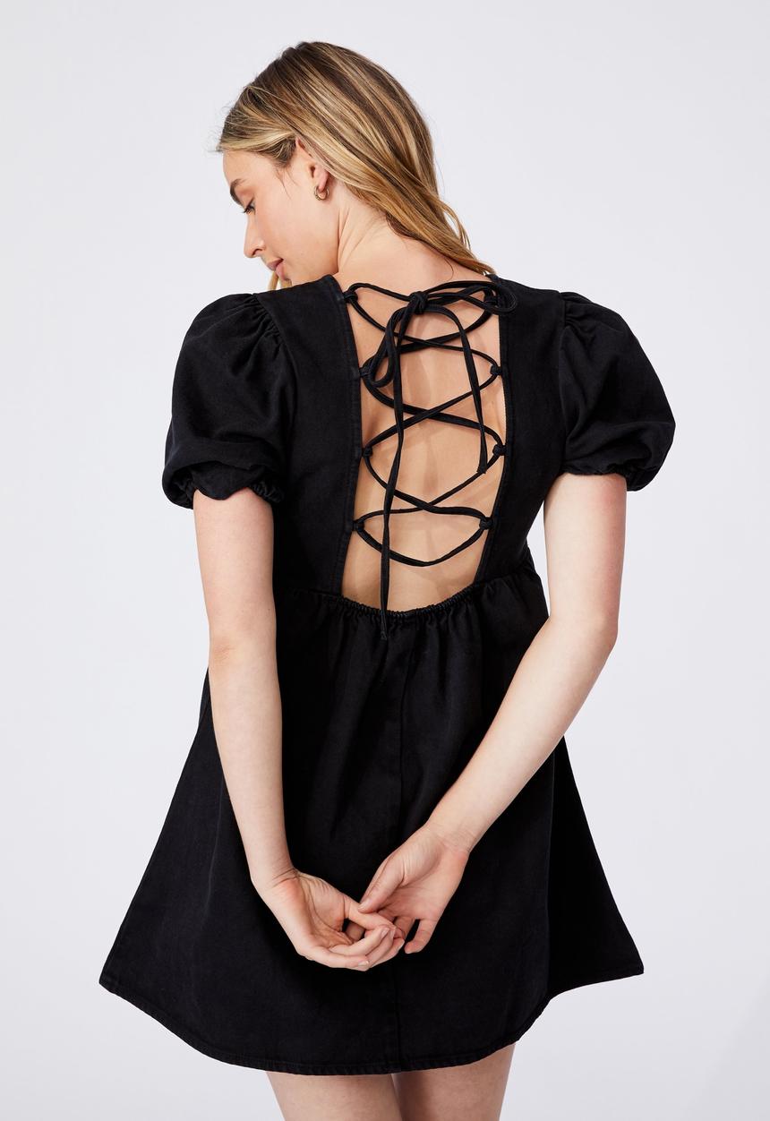 Cotton On - Denim open back babydoll mini dress - black