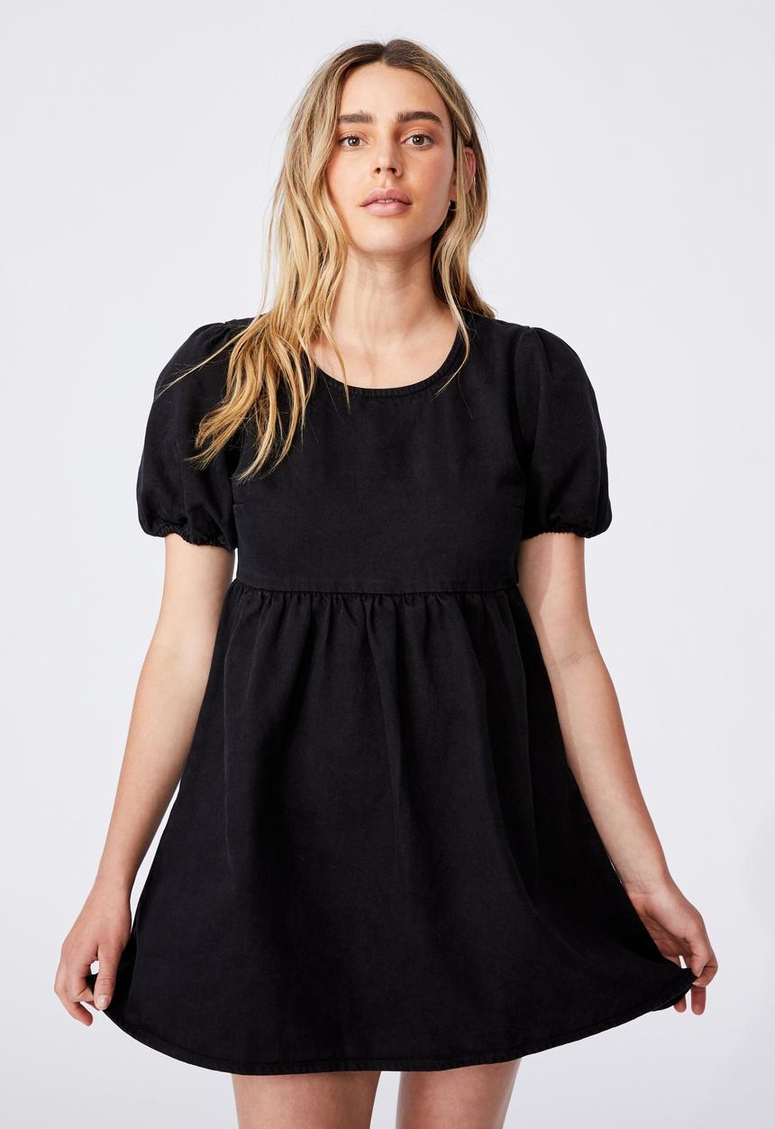 Cotton On - Denim open back babydoll mini dress - black