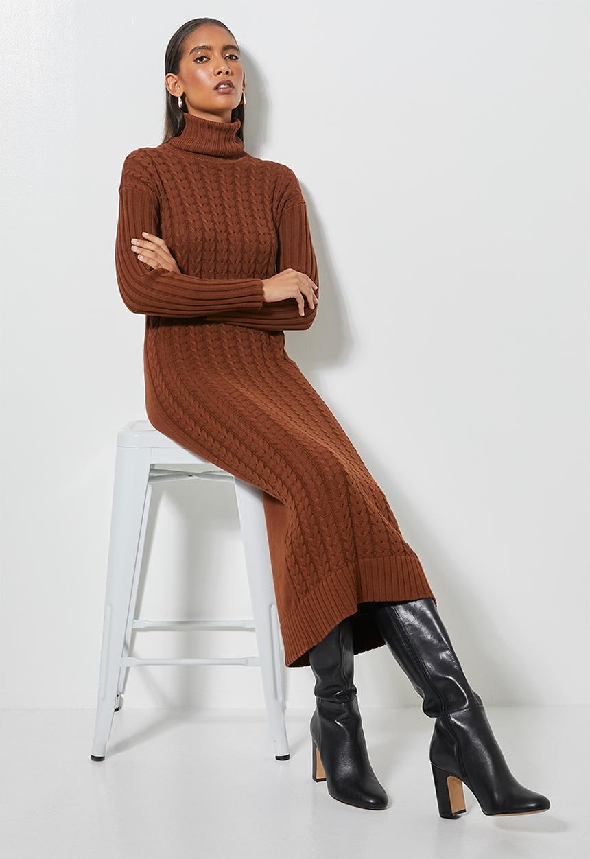 Superbalist - Organic cotton chunky roll neck dress - tobacco