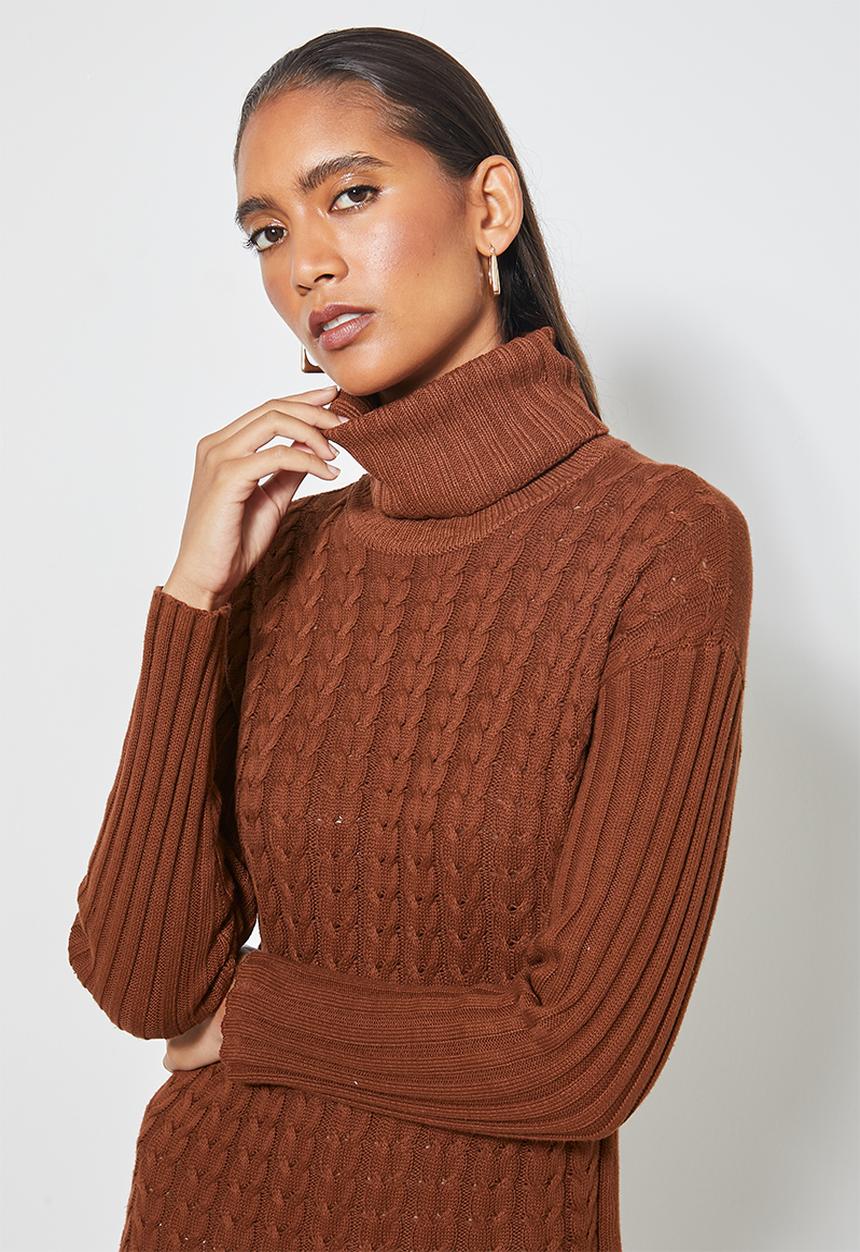 Superbalist - Organic cotton chunky roll neck dress - tobacco