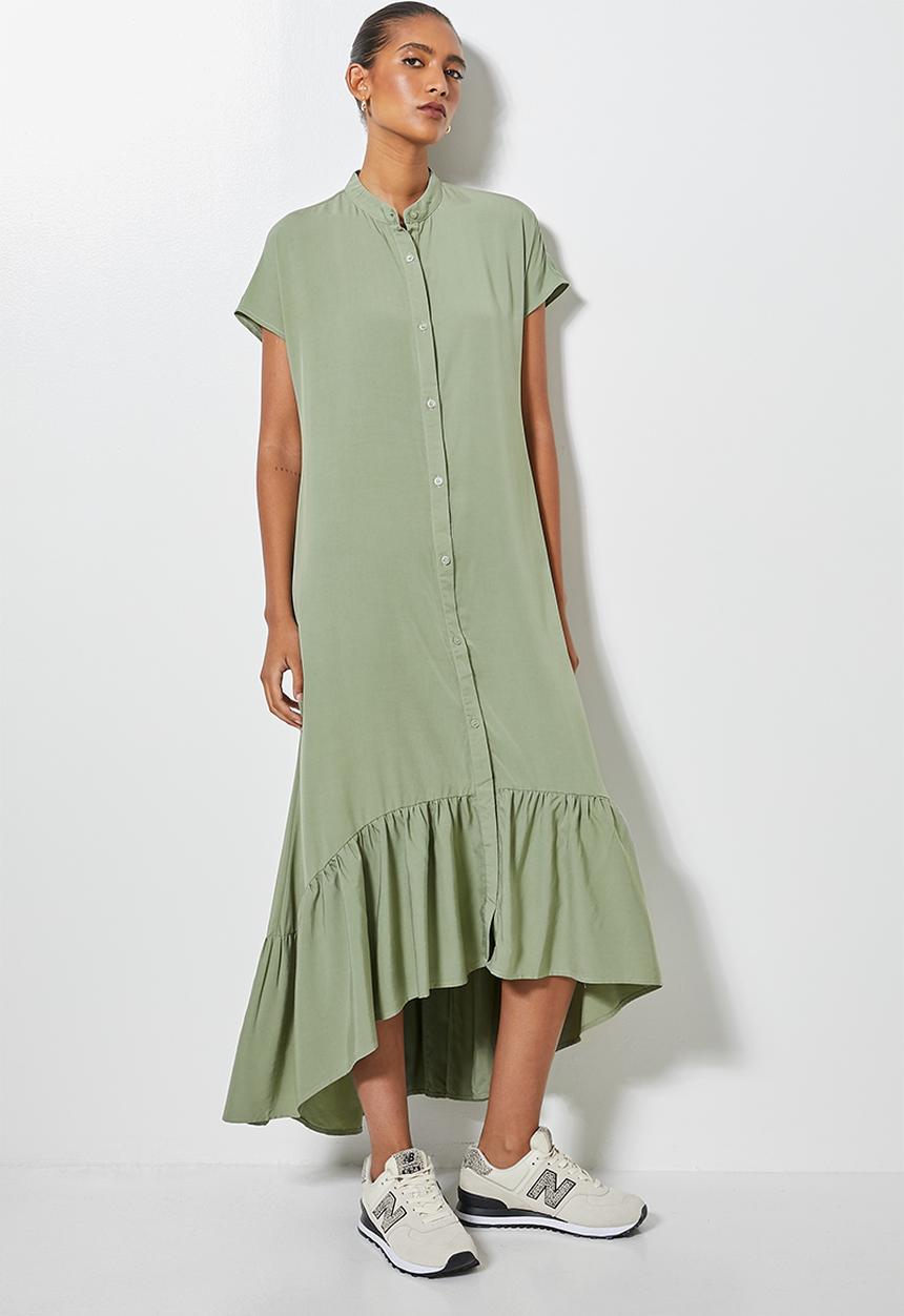 Superbalist - Single tiered mandarin collar shirt dress - sage