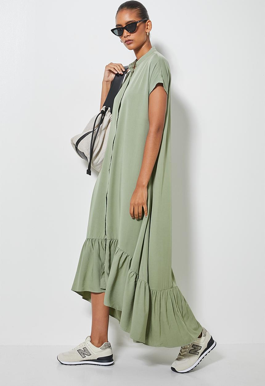 Superbalist - Single tiered mandarin collar shirt dress - sage
