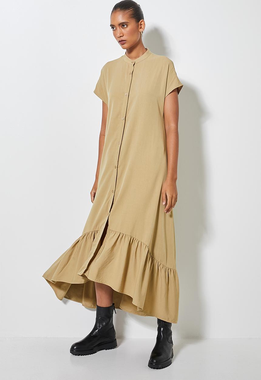 Superbalist - Single tiered mandarin collar shirt dress - neutral
