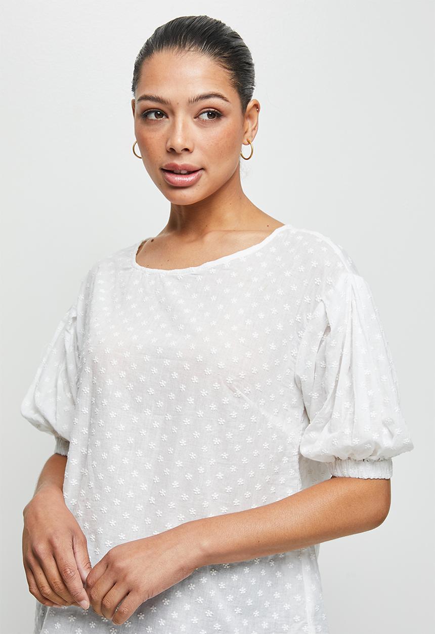edit - Cotton embroidered puff slv shell - white