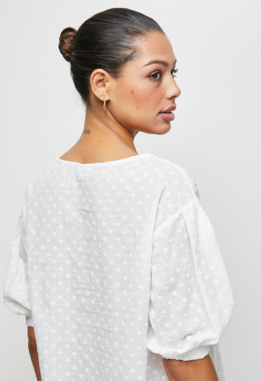 edit - Cotton embroidered puff slv shell - white
