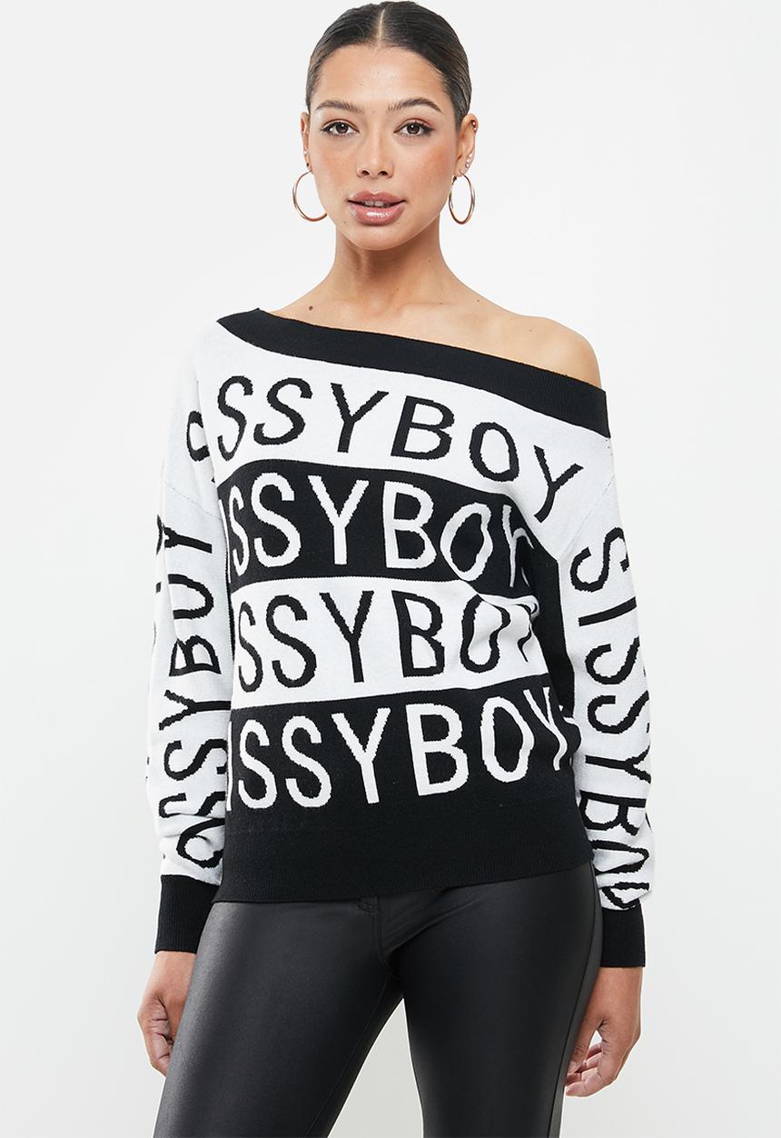SISSY BOY - Off the shoulder monchrome logo knitwear - black & white