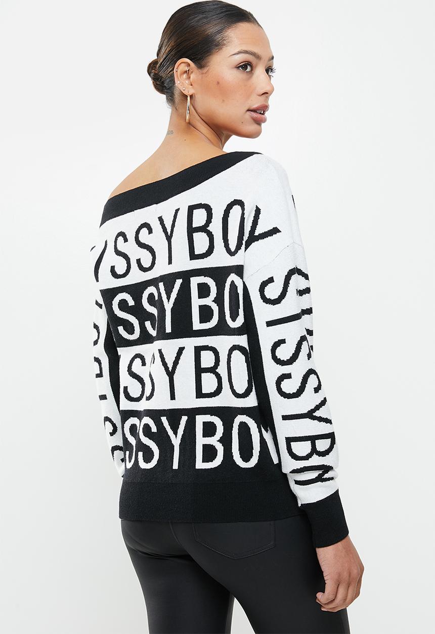 SISSY BOY - Off the shoulder monchrome logo knitwear - black & white