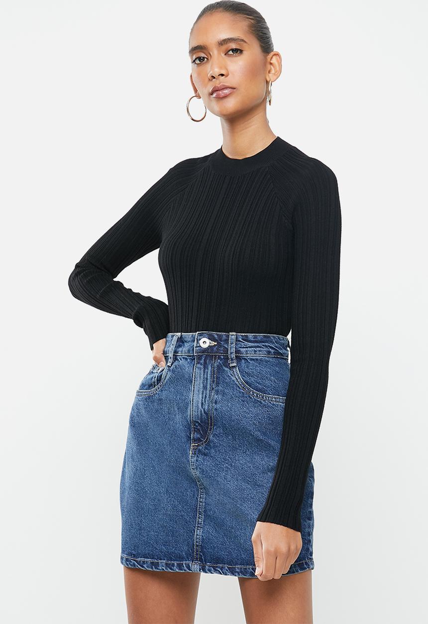 Factorie - Variegated rib knit long sleeve top - black