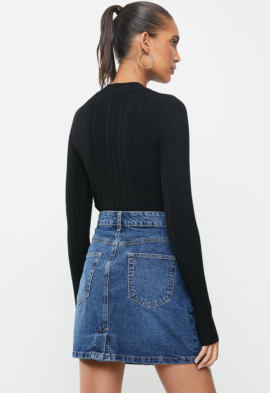 Factorie - Variegated rib knit long sleeve top - black