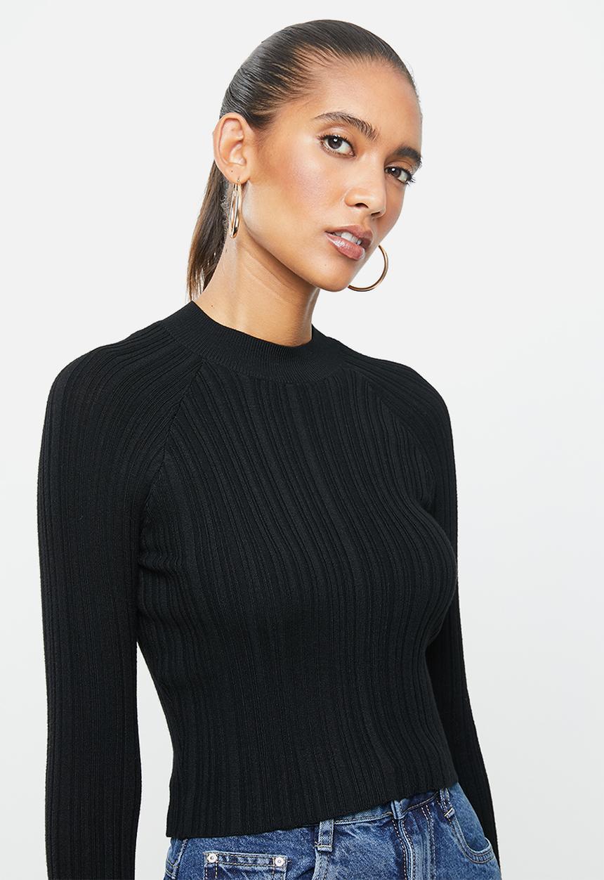 Factorie - Variegated rib knit long sleeve top - black