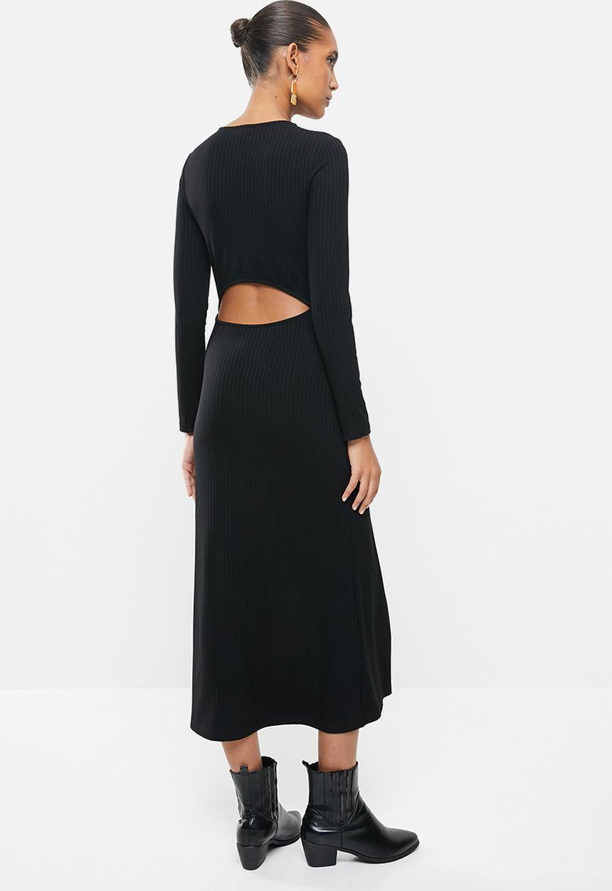 VELVET - Rib column midi dress with open back - black