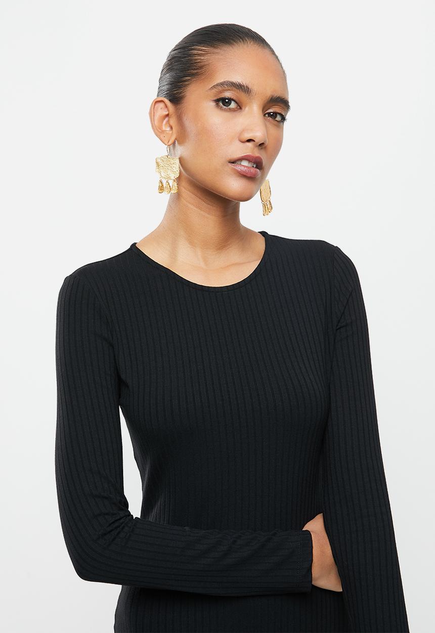 VELVET - Rib column midi dress with open back - black