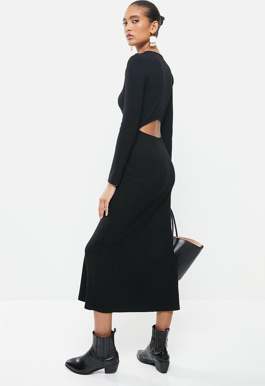 VELVET - Rib column midi dress with open back - black