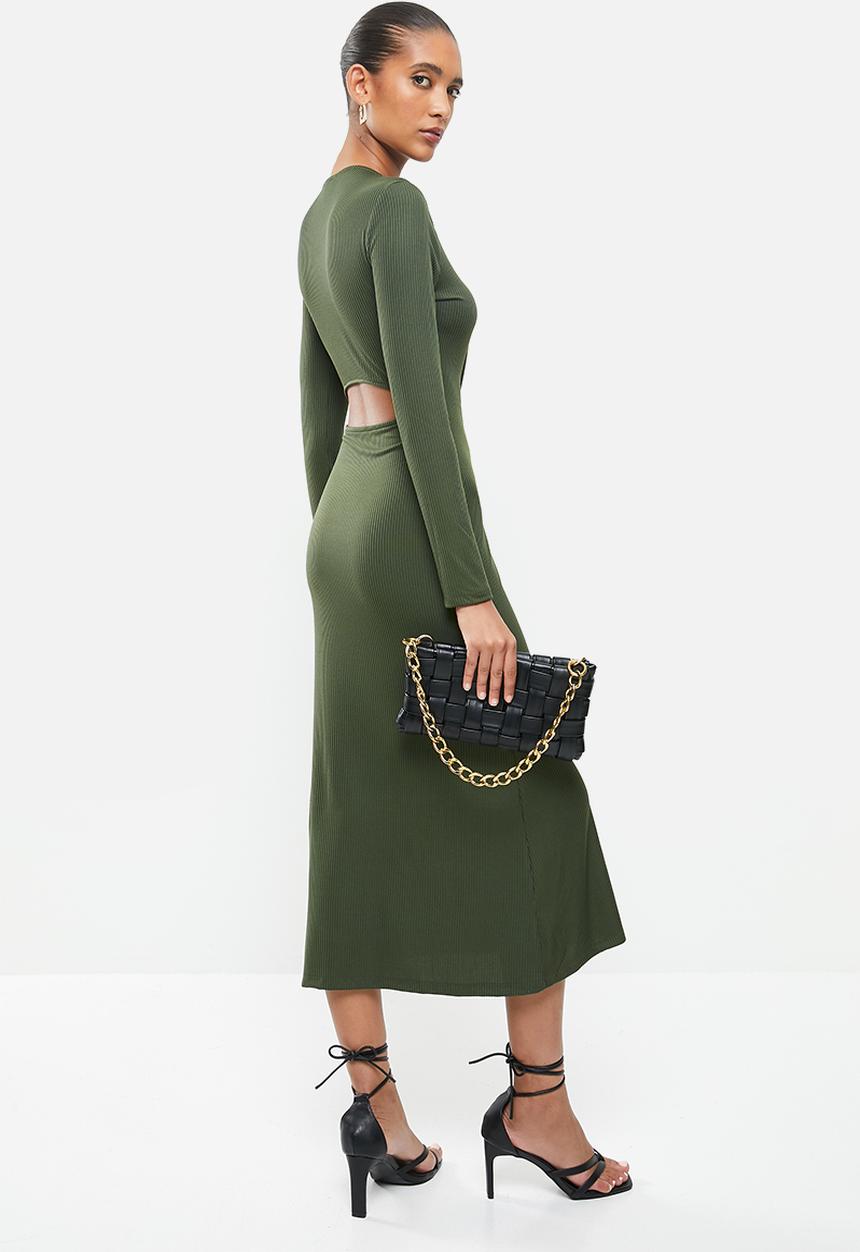 VELVET - Rib column midi dress with open back - olive