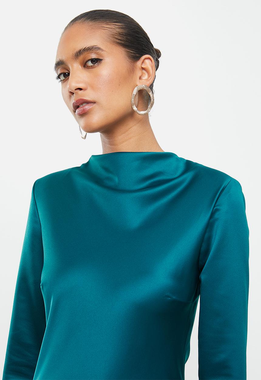 VELVET - Long sleeve satin slip midi dress with shoulder pads - blue