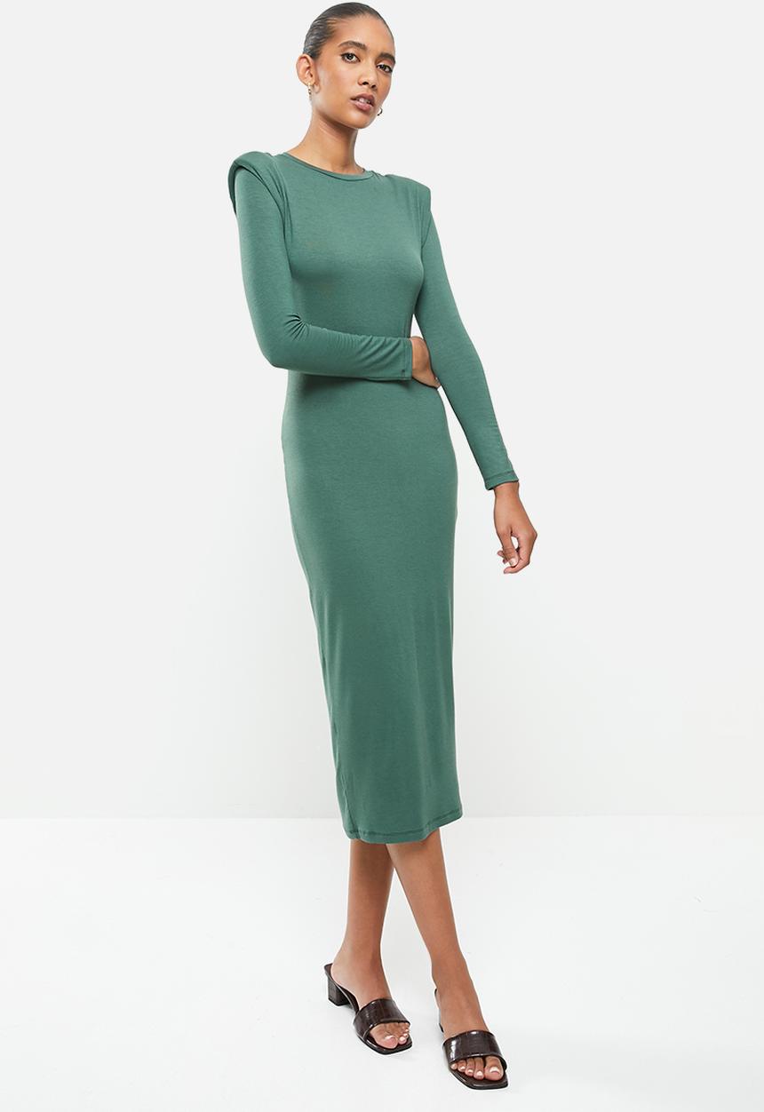 VELVET - Knit shoulder pad longline bodycon dress - green