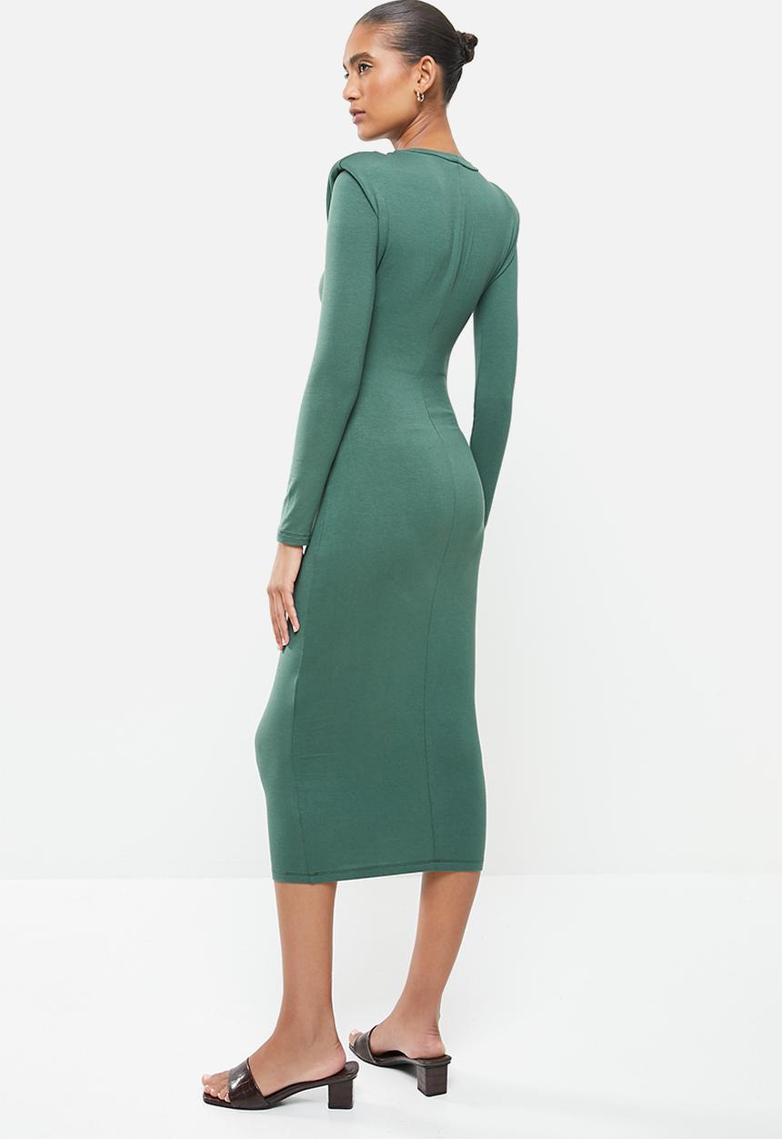 VELVET - Knit shoulder pad longline bodycon dress - green