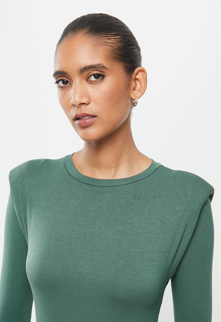 VELVET - Knit shoulder pad longline bodycon dress - green