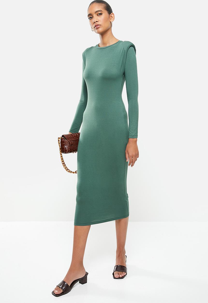 VELVET - Knit shoulder pad longline bodycon dress - green