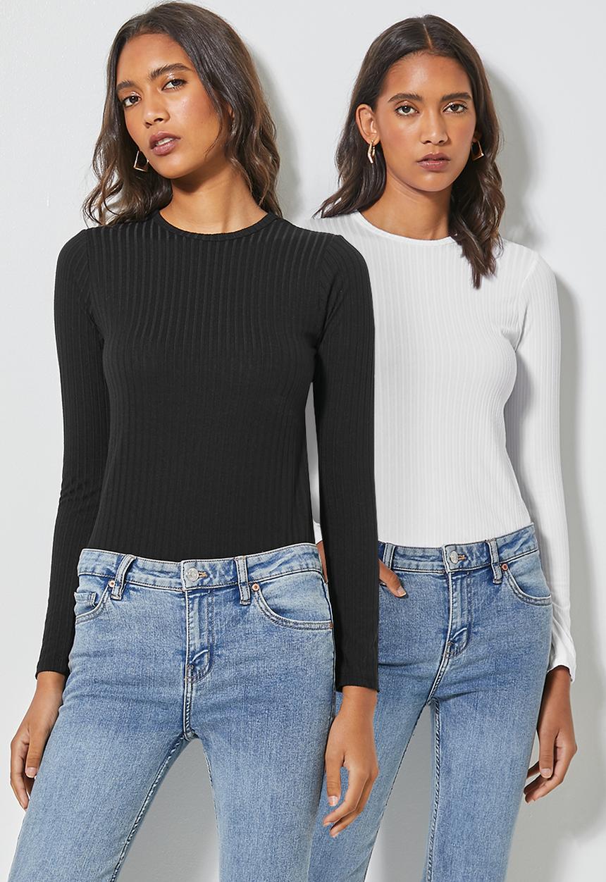 Superbalist - 2 pack wide rib crew neck tops - black & white