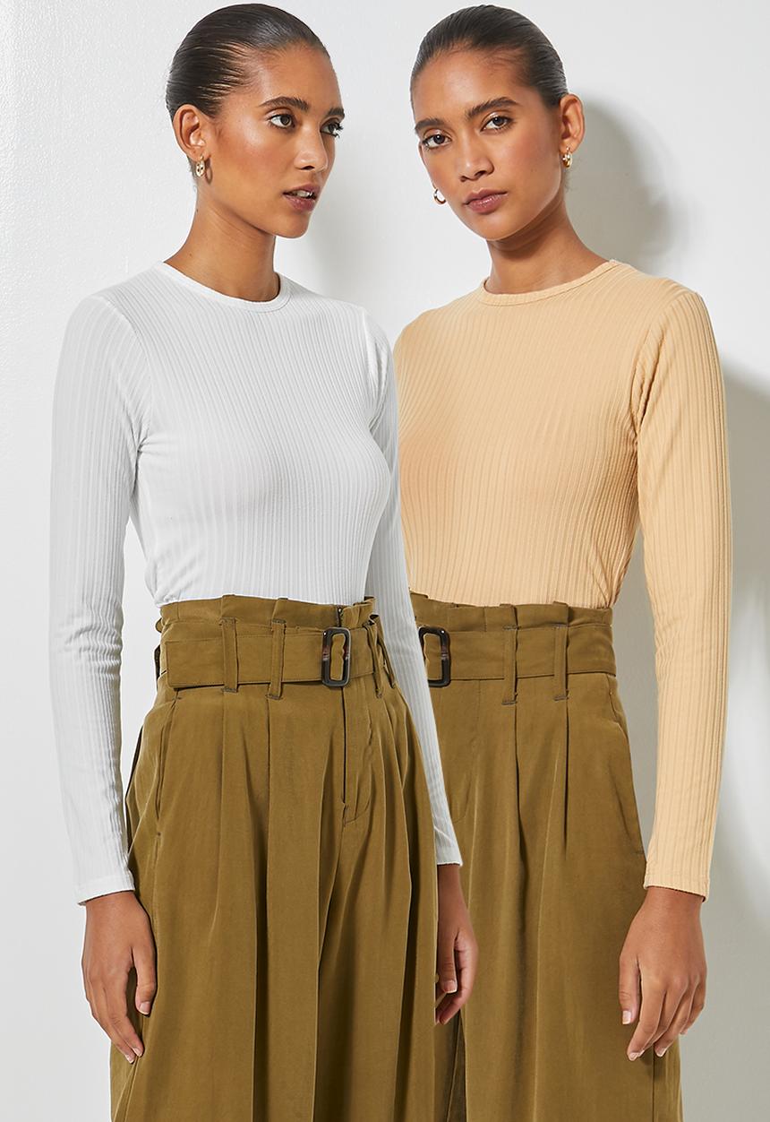 Superbalist - 2 pack wide rib crew neck tops - tan & white 