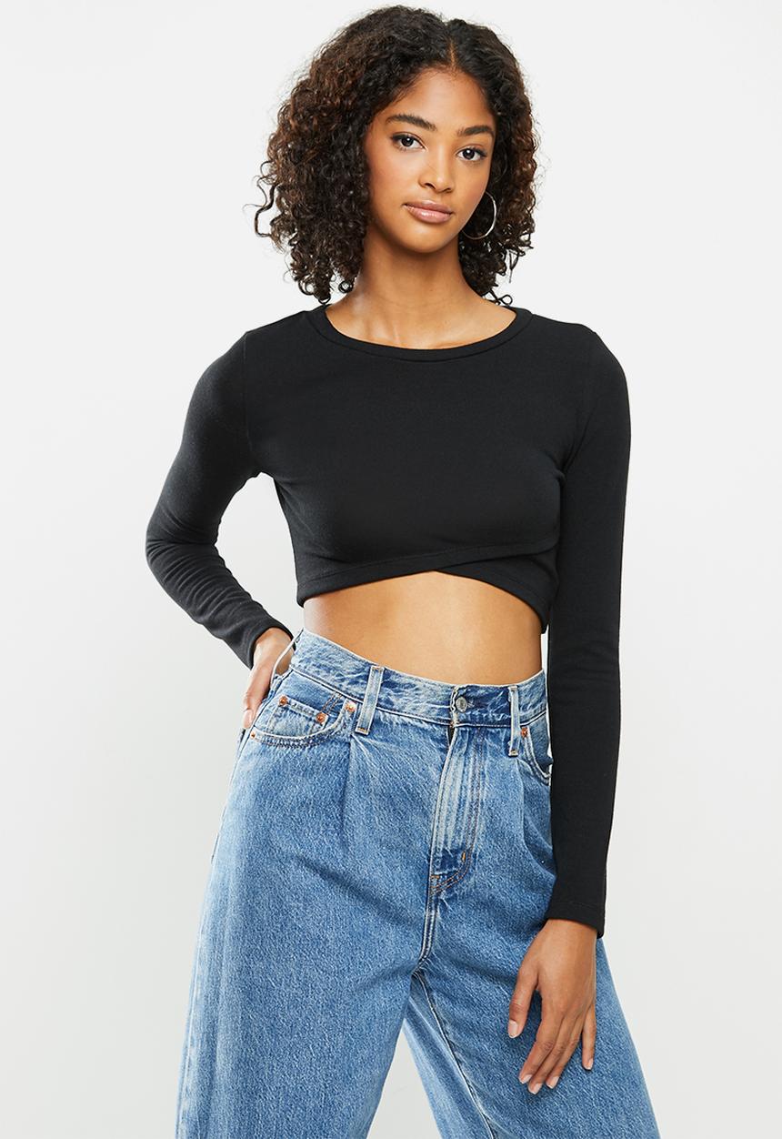 Blake - Soft touch wrap crop top - black