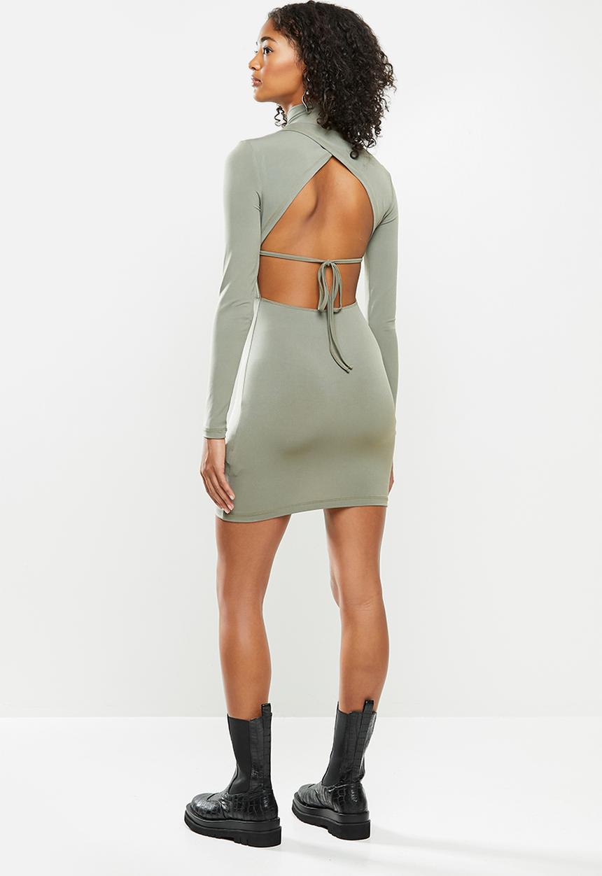 Blake - Open back bodycon turtleneck mini dress - green tea