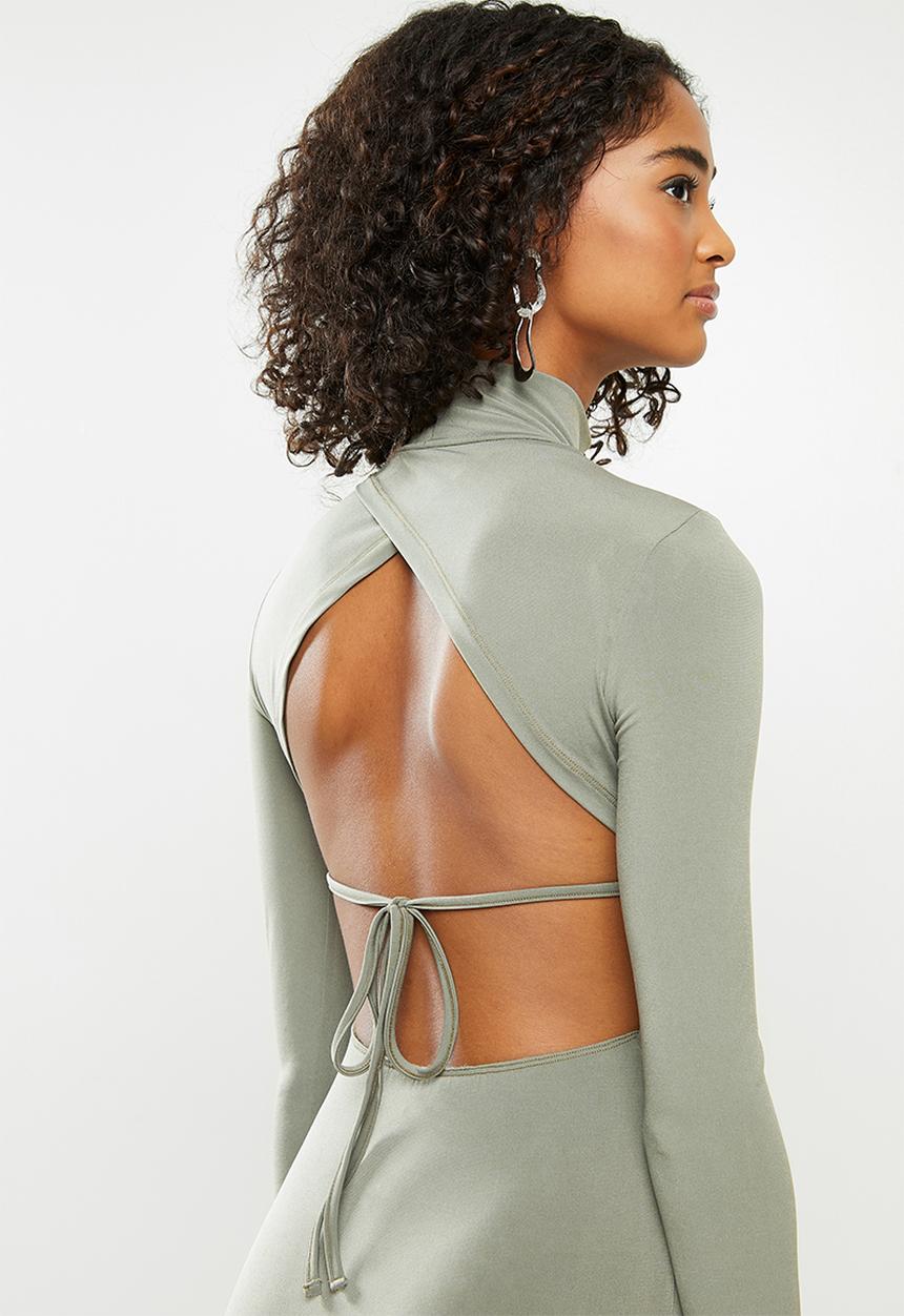 Blake - Open back bodycon turtleneck mini dress - green tea
