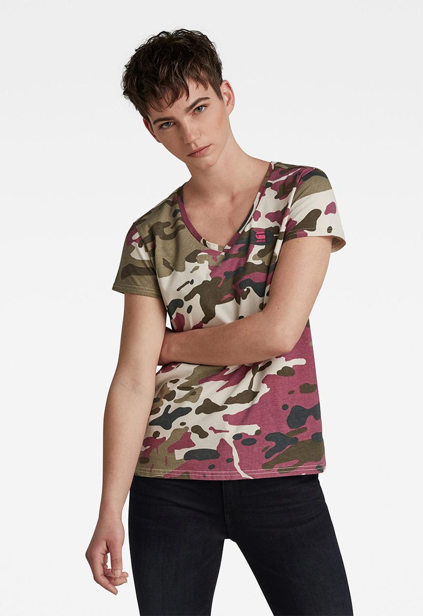 G-STAR - Allover camo print v-neck short sleeve top - multi