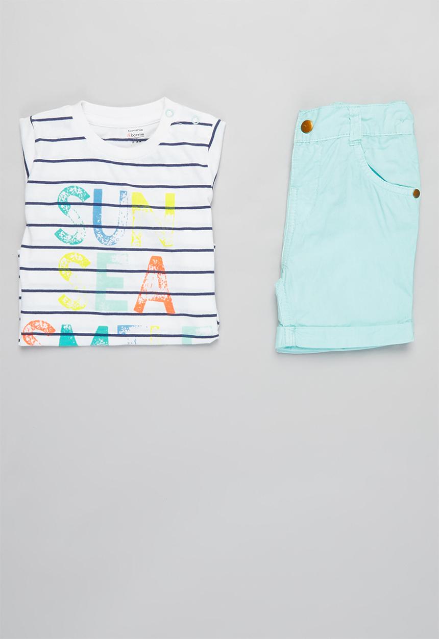MINOTI - Girls stripe tee & shorts set - white & blue 
