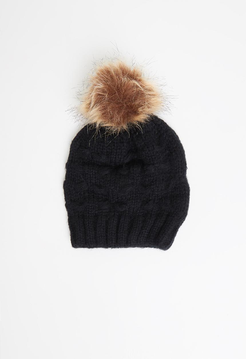 Baby Star - Single faux fur pom pom beanie - black
