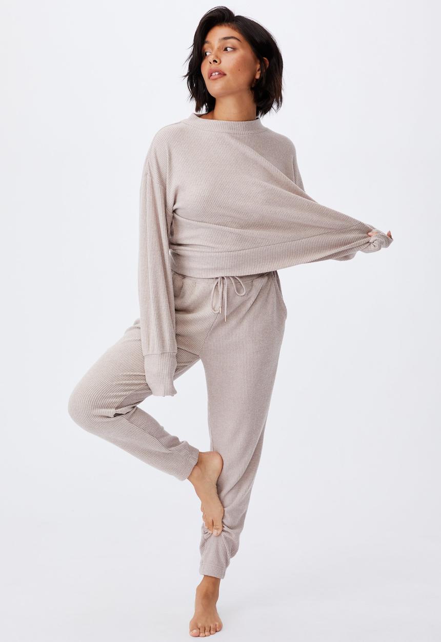Cotton On - Super soft slim cuff pant - mushroom marle rib