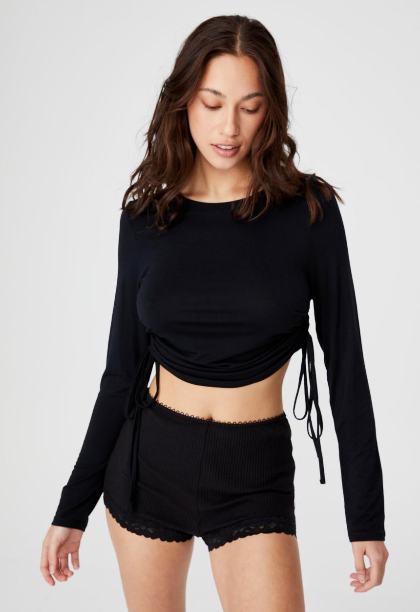 Cotton On - Sleep recovery side tie long sleeve top - black