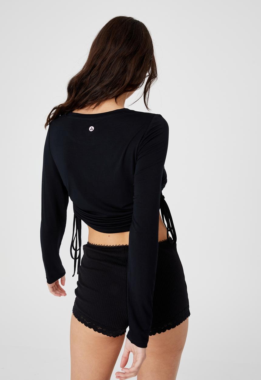 Cotton On - Sleep recovery side tie long sleeve top - black