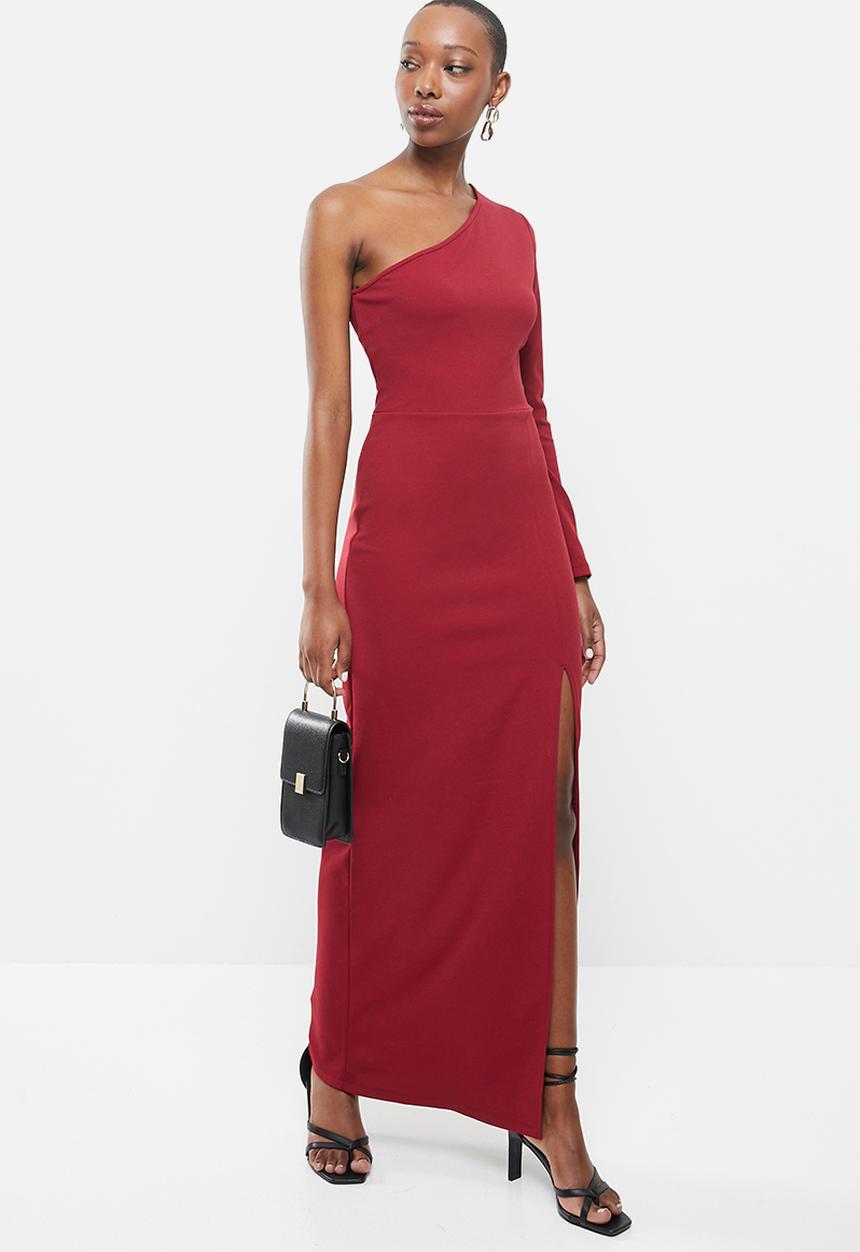 VELVET - Crepe knit slim asymmetric maxi dress with thigh slit - red