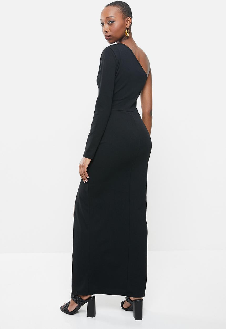 VELVET - Crepe knit slim asymmetric maxi dress with slit - black