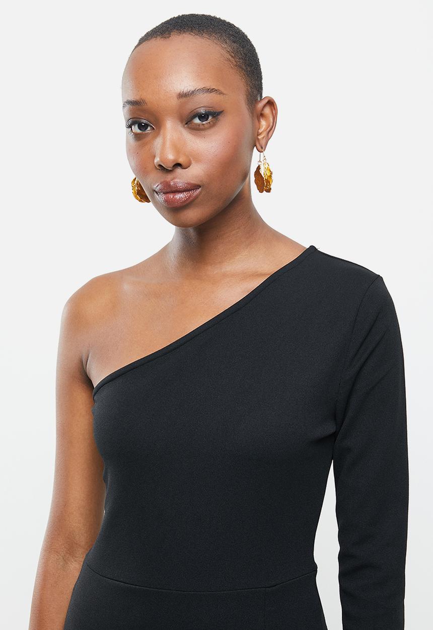VELVET - Crepe knit slim asymmetric maxi dress with slit - black