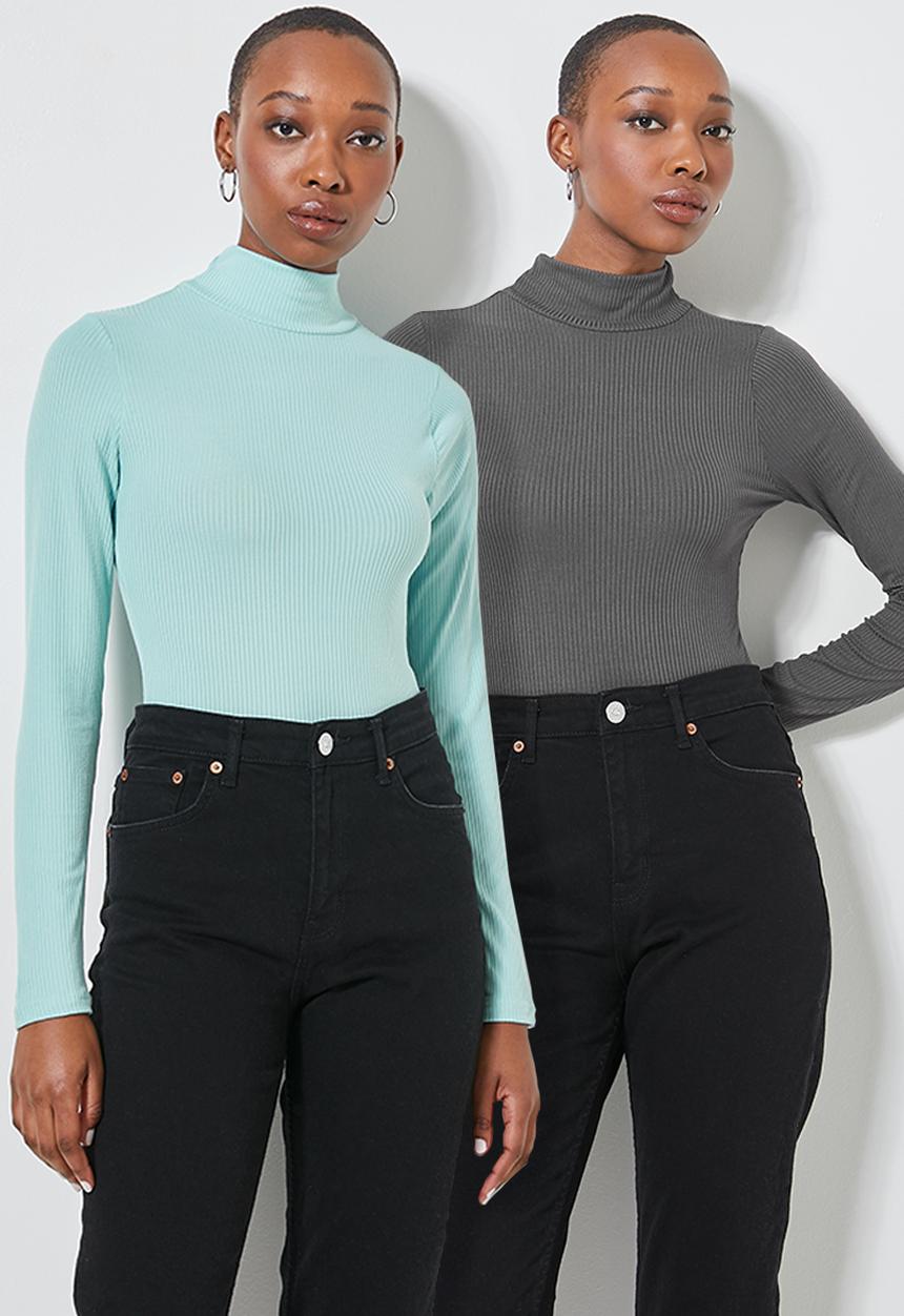 Superbalist - 2 Pack fine rib funnel neck bodysuits - grey & aqua
