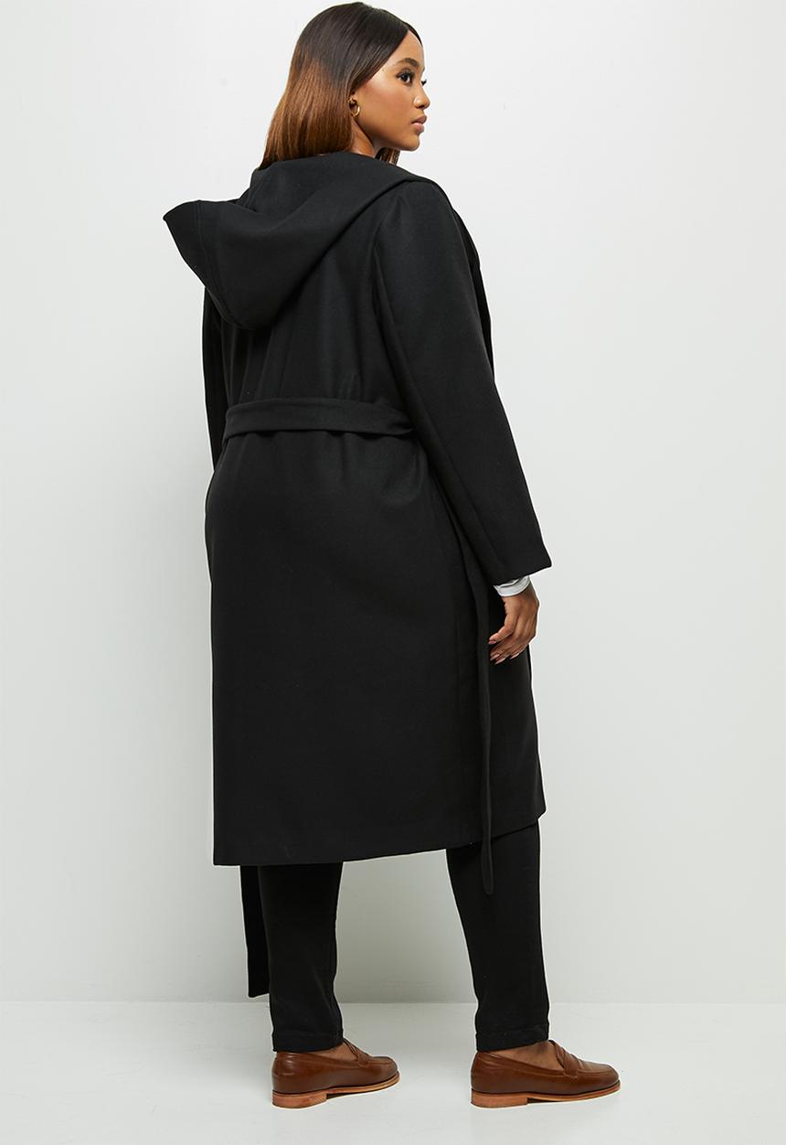 edit Plus - Hooded belted coat - black